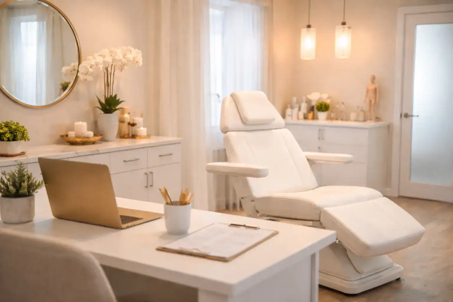 A bright treatment room with a reclining facial chair beside a consultation desk