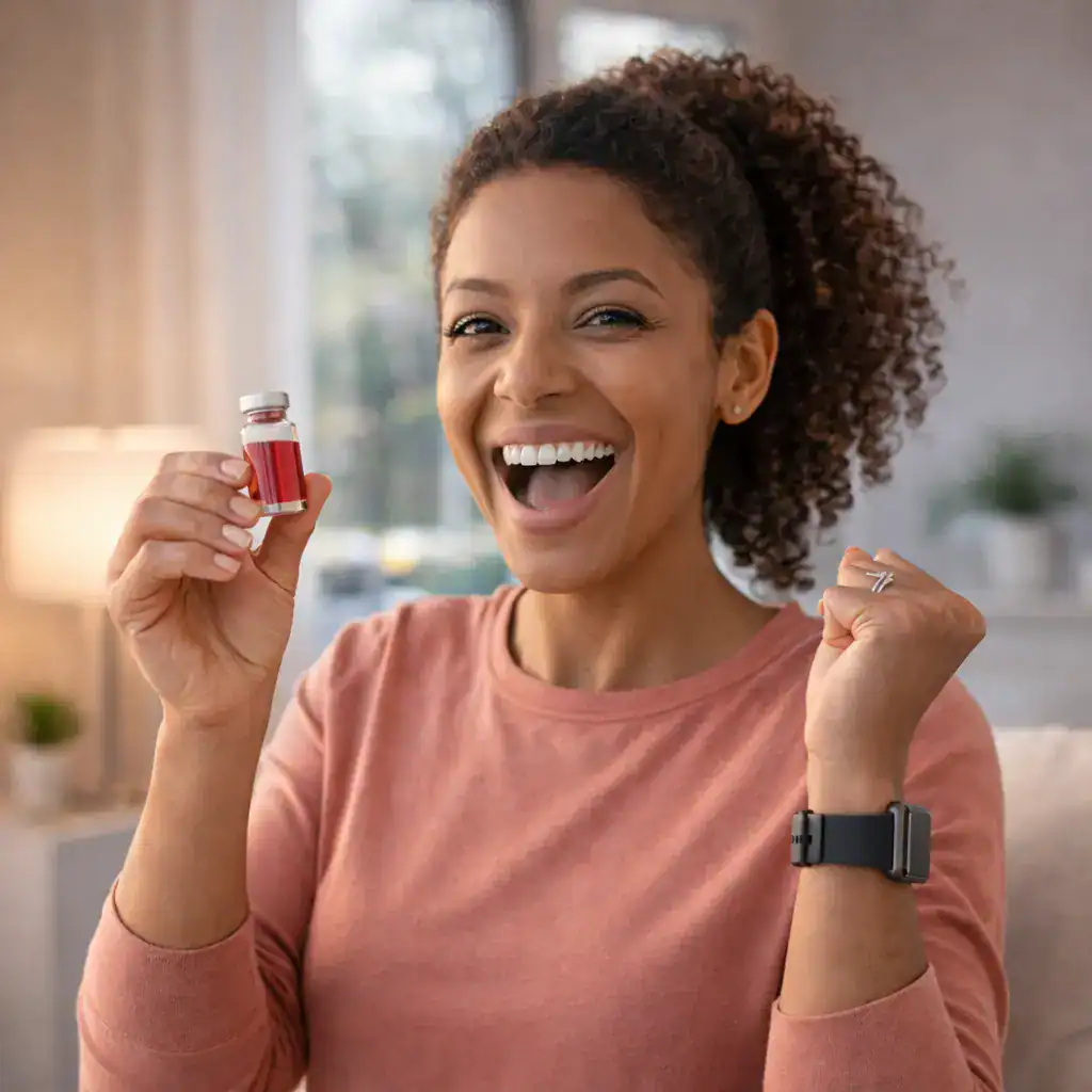 Patient holding B12 vial at Tactus Health representing energy and wellness