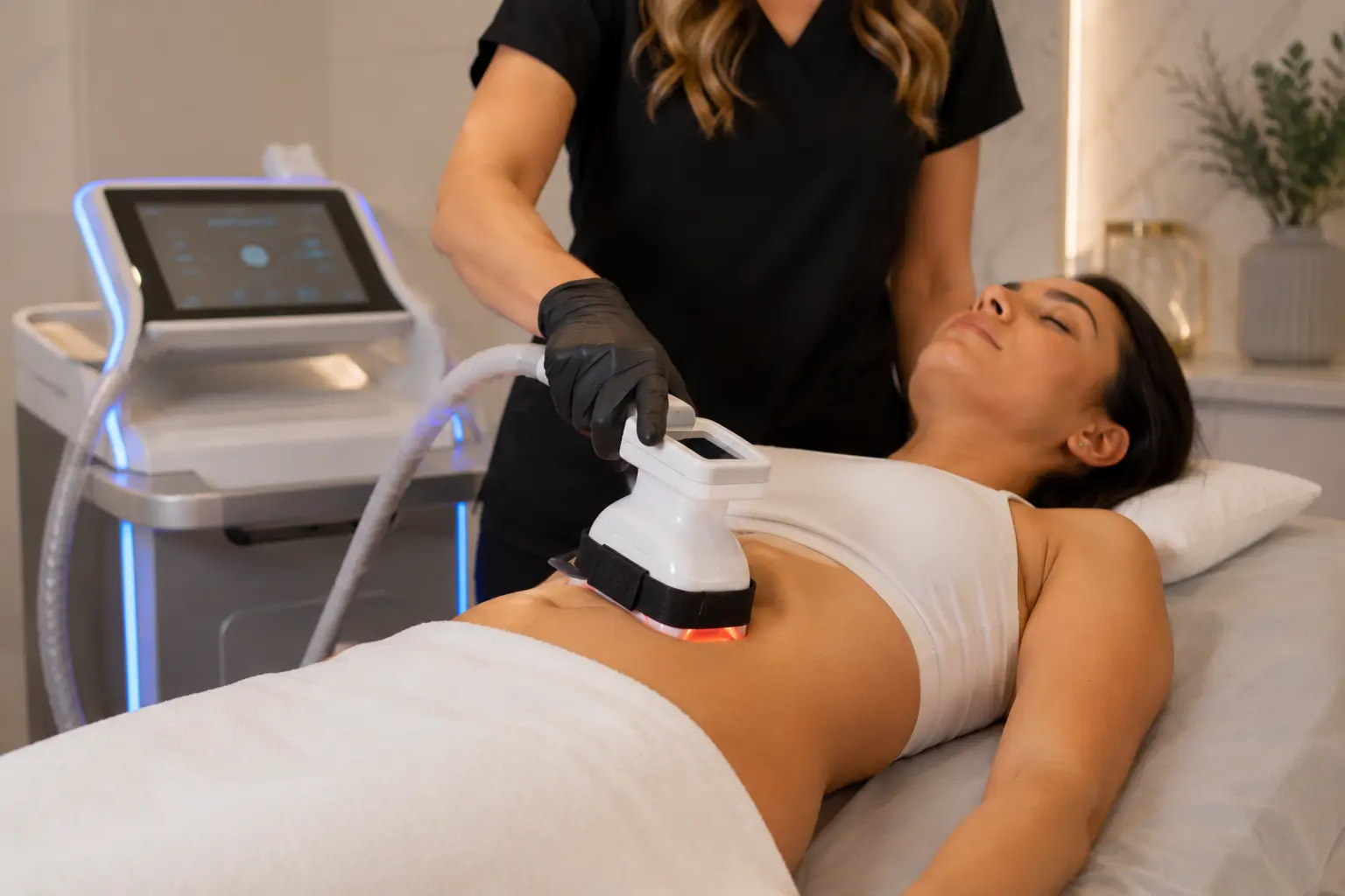 An aesthetician in black scrubs and gloves holding a strapped body contouring applicator on a woman's abdomen as she lies on a treatment bed