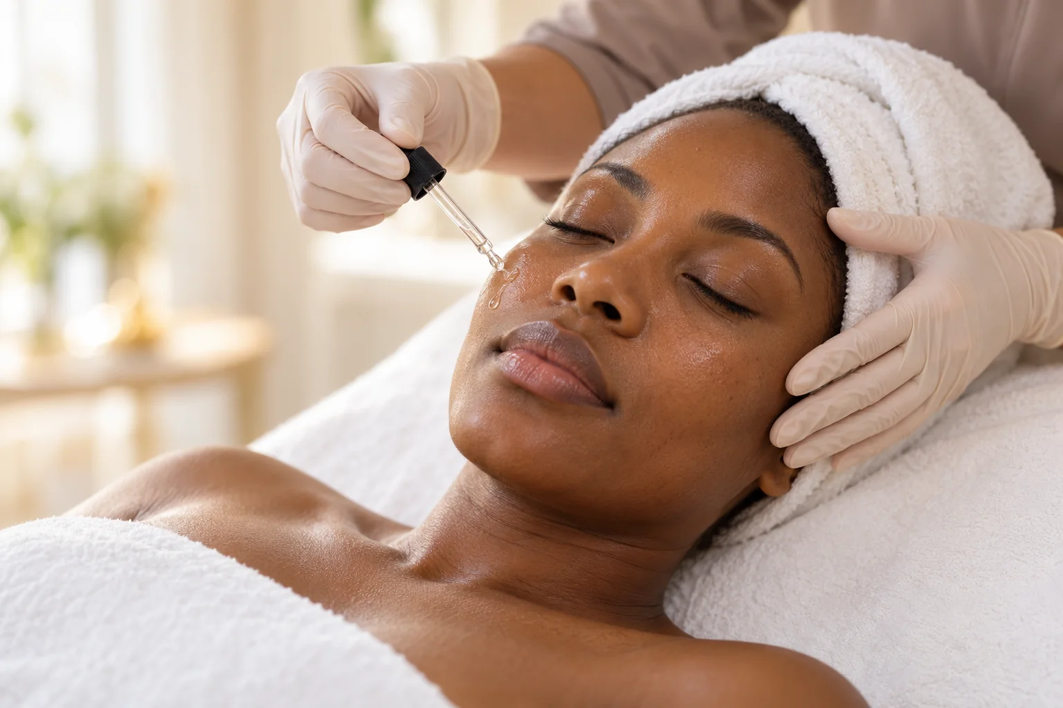 A gloved hand applying serum from a dropper to a woman's cheek as she rests in a towel wrap