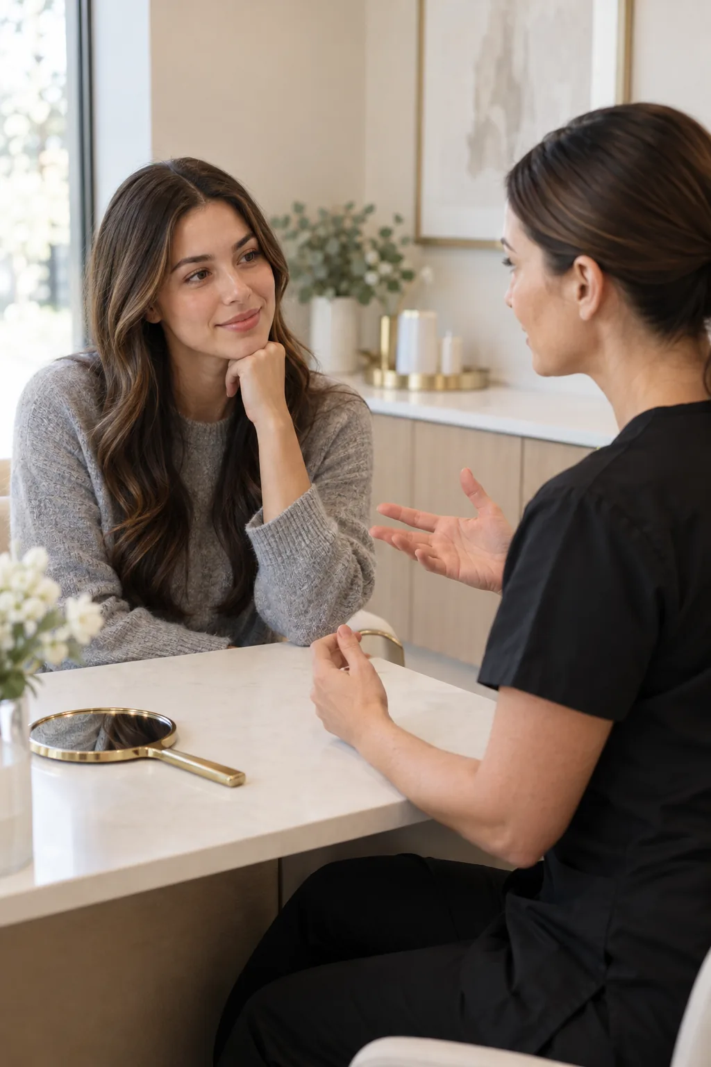 A clinician in black scrubs talking with a young woman in a gray sweater at a small desk with a hand mirror