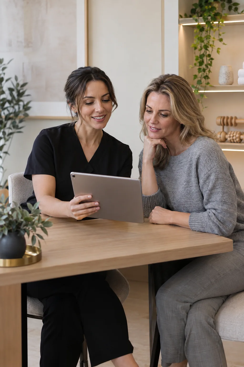 A clinician in black scrubs showing a tablet to a woman in a gray sweater at a consultation table