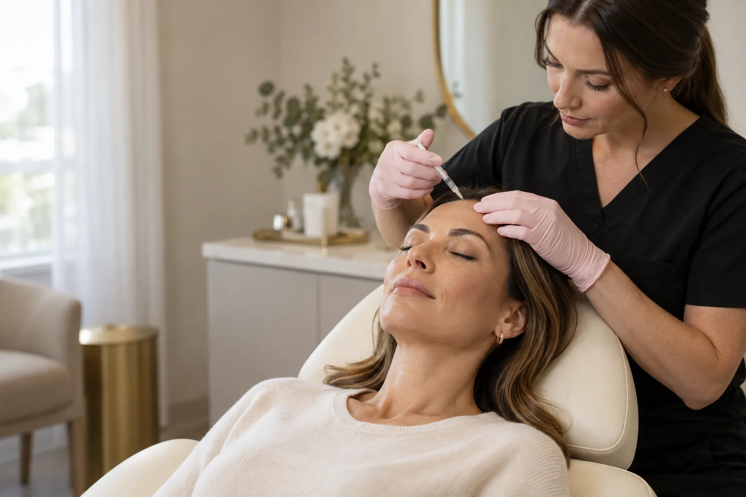 A clinician giving a Botox injection in the forehead of a relaxed patient