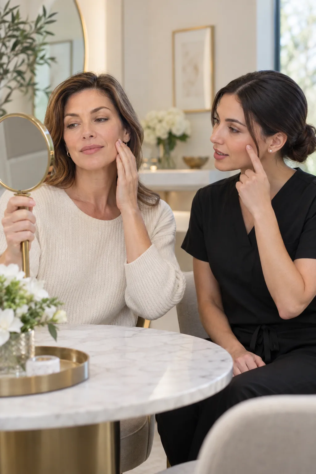 A woman holding a gold hand mirror while a clinician in black scrubs points to her own cheek beside her