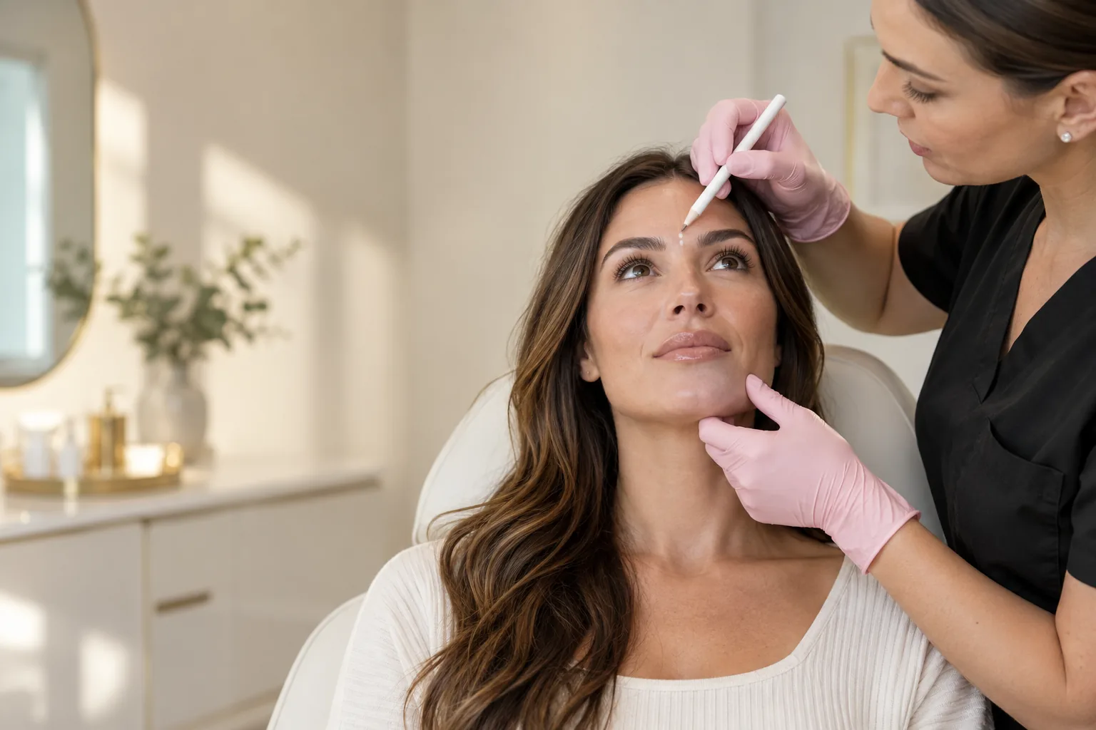 A clinician marking injection points between a woman’s brows