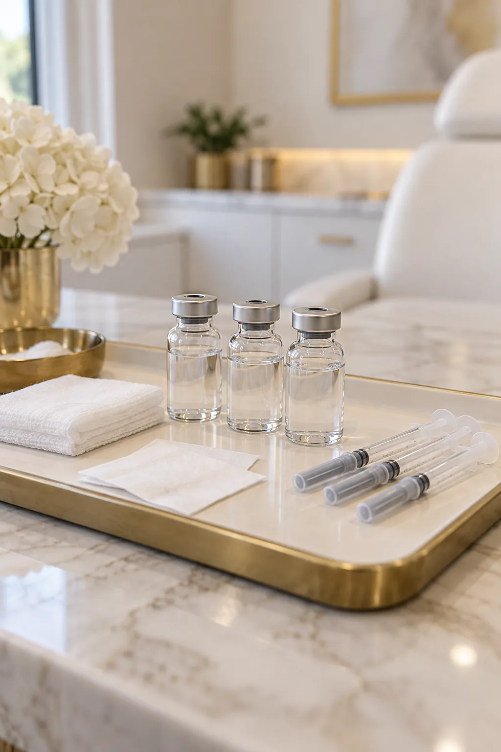 Three small unlabeled glass vials beside capped syringes and gauze on a cream tray